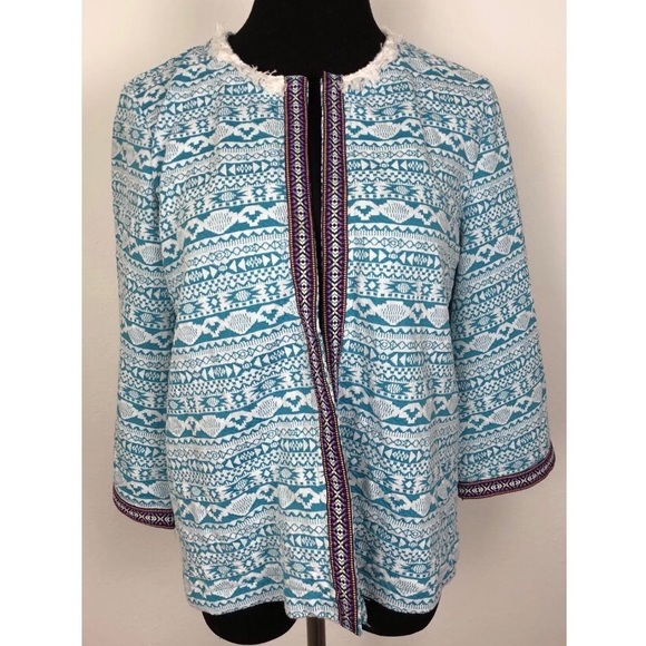 Valerie Stevens Jackets & Blazers - Valerie Stevens Blue White Tribal Fringe Blazer